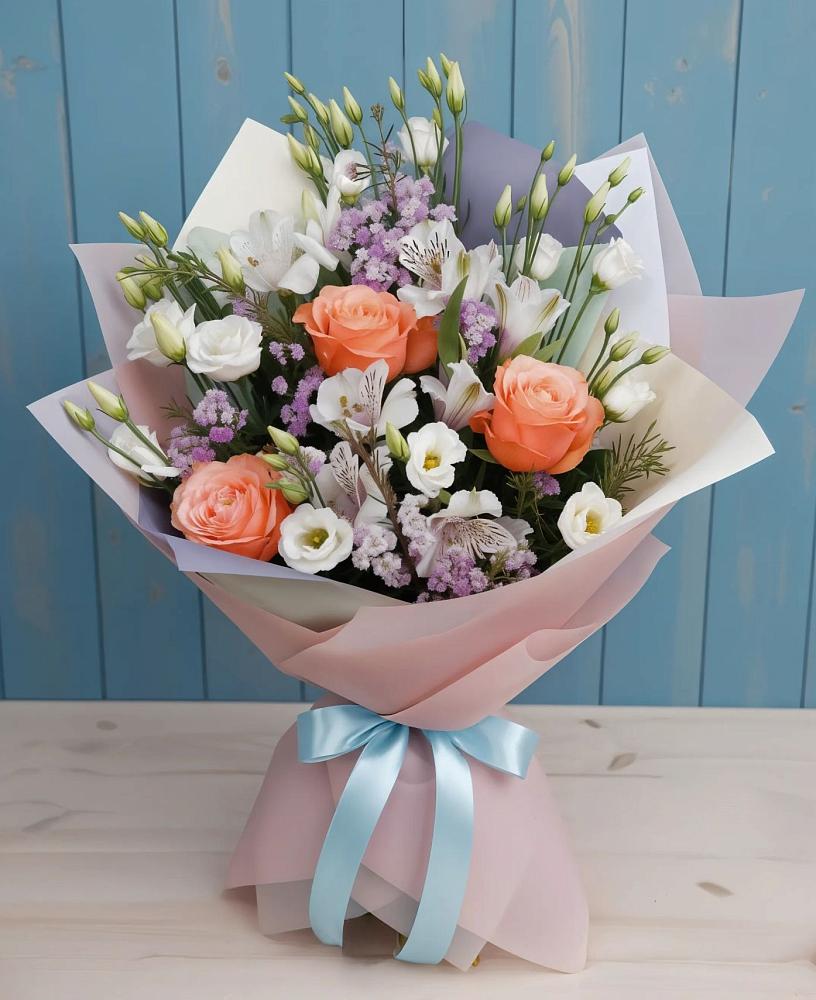 Букет цветов из: Лизиантусы, Розы, Альстромерии и Гипсофила в Приморске Калининградской области