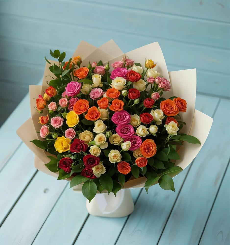 Букет Микс из разноцветных кустовых роз в Приморске Калининградской области